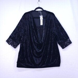 Bloomchic Black Velvet Sequin 3/4 Sleeve Formal Party Blouse Plus Size 18-20